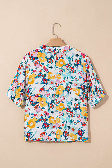 Peacock Blue Floral Print Slit V Neck Short Sleeve Blouse