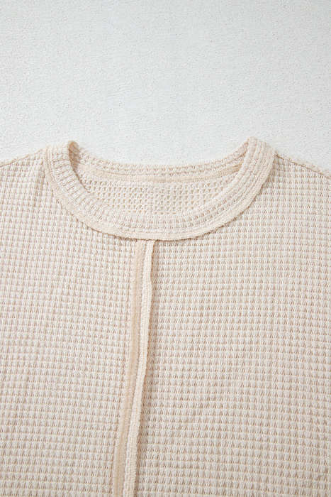 Pale Khaki Solid Color Textured Seamed Short Sleeve Top