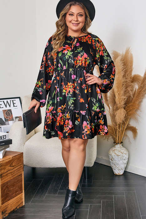 Black Plus Size Floral Print Tie Neck Cinched Waist Long Sleeve Mini Dress
