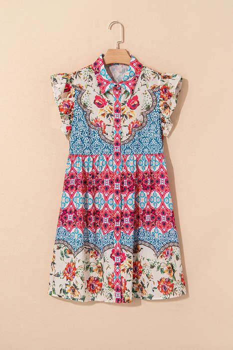 Rose Floral Mixed Pattern Ruffle Flutter Sleeve Buttoned Dress