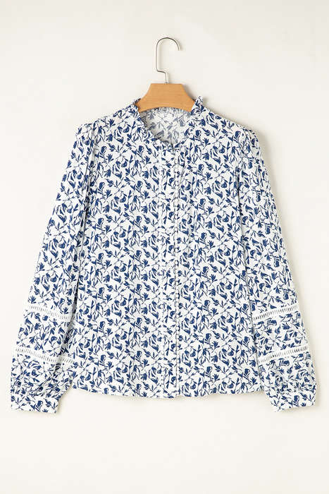 Blue Printed Lace Detail Floral Puff Sleeve Fall Shirt