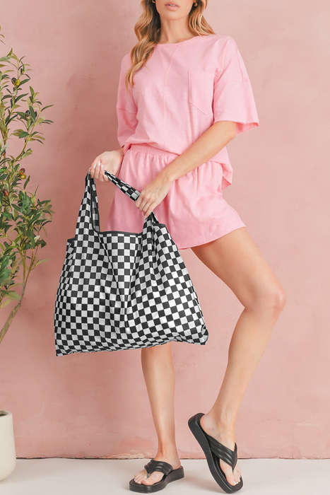 Color black Checkered Print Large Capacity Canvas Shoulder Bag