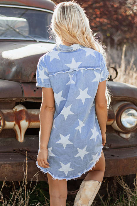 Sky Blue Stars Frayed Hem Collared Short Sleeve Denim Dress
