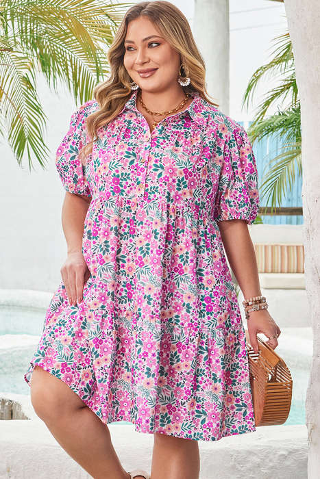 Pink Plus Size Floral Half Button Short Puff Sleeve A-line Dress