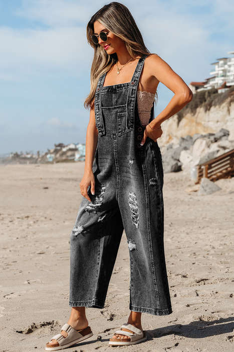 Black Distressed Bib Pocket Wide Leg Denim Overall