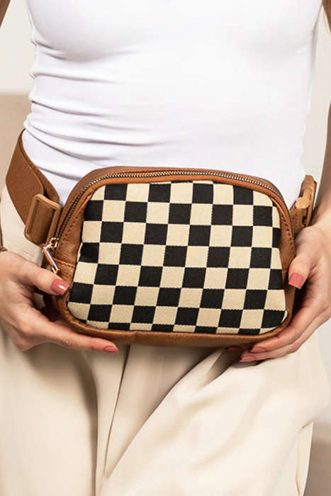 Coffee Faux Leather Checkered Patchwork Crossbody Waist Bag