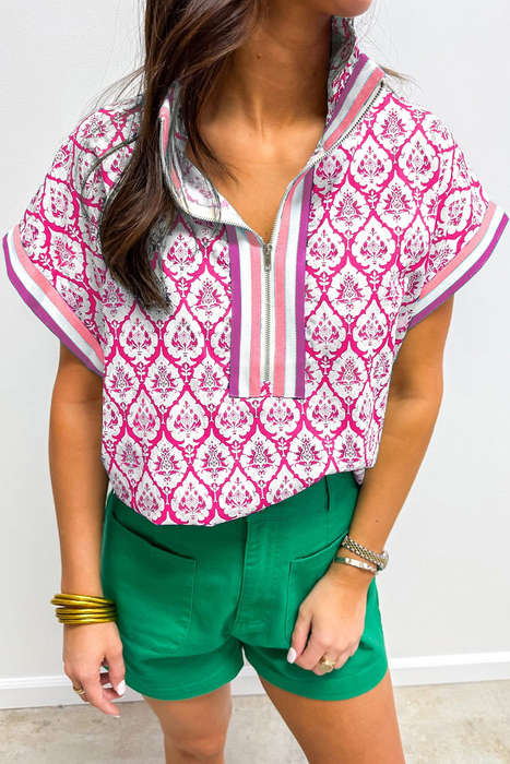 Pink Western Print Zipped Collar Short Sleeve Summer Blouse Top