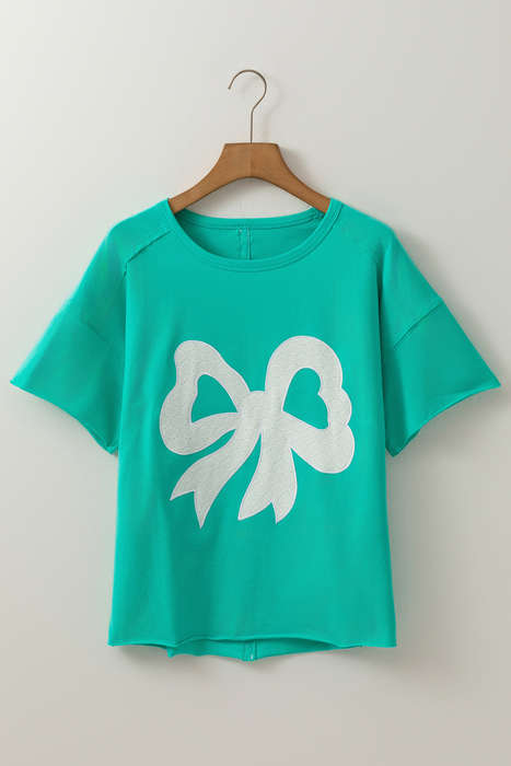 Sea Green Lace Bow Raw Edge Drop Shoulder Casual T Shirt