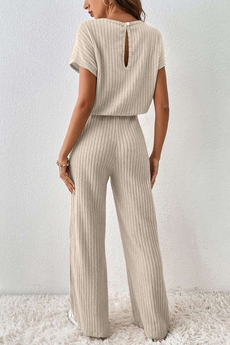 Oatmeal Ribbed Keyhole Short Sleeve Wide Leg Jumpsuit