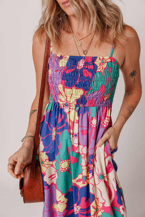 Purple Floral Print Shirred Spaghetti Strap Loose Maxi Dress