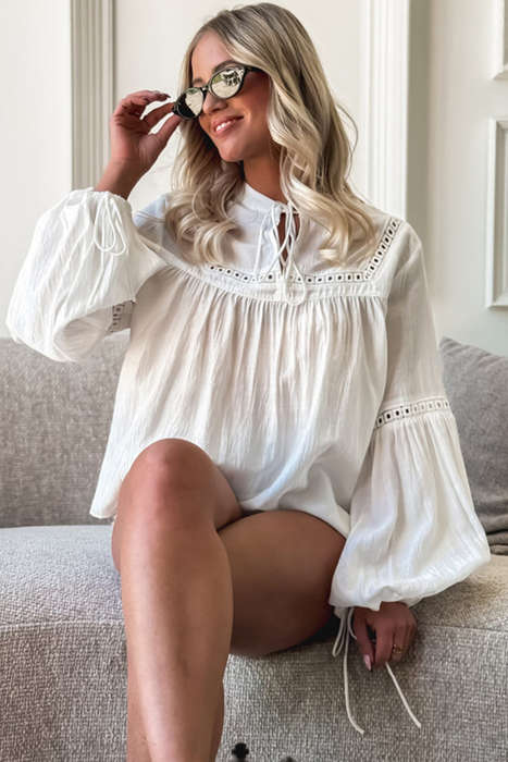 White Drawstring Lace Detail Puff Sleeve Split Neck Spring Fall Blouse