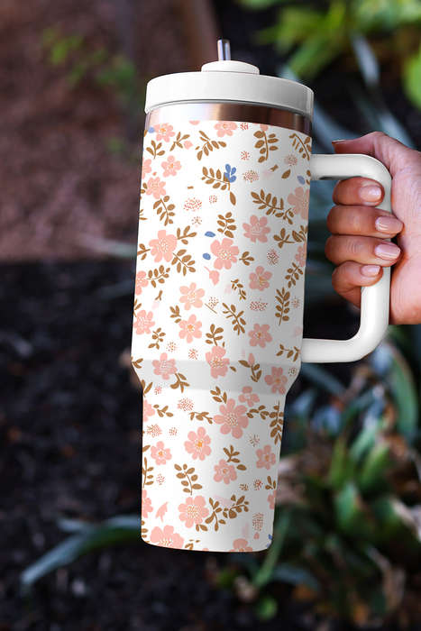 White Cute Flower Print Large Stainless Steel Tumbler 40oz