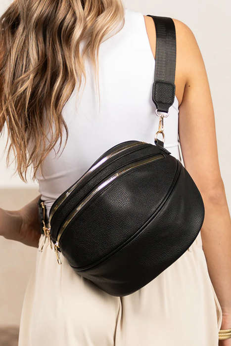 Black Double Zip Faux Leather Crossbody Bag
