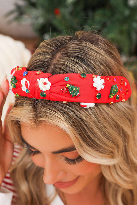 Fiery Red Cartoon Christmas Pattern Rhinestone Knotted Headband