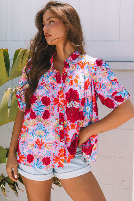 Pink Floral Print Bubble Sleeve Button Up Pleated Shirt