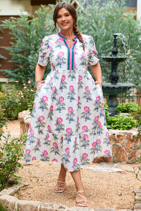 White Allover Print Contrast Split Neckline Short Puff Sleeve Curvy Dress