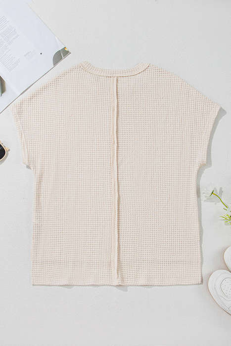Pale Khaki Solid Color Textured Seamed Short Sleeve Top