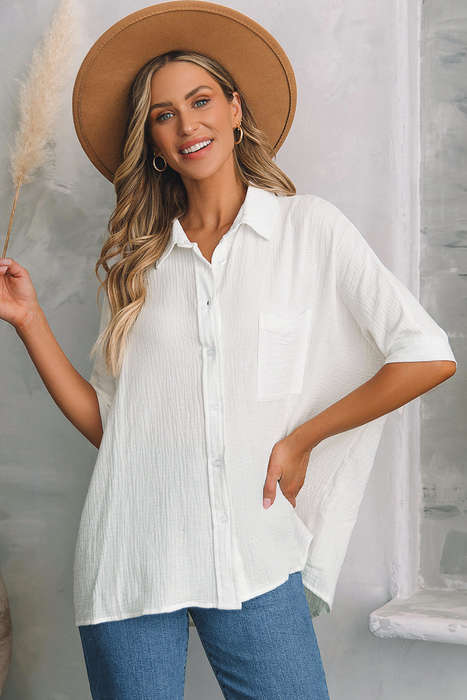 White Textured Cotton Gauze Single Chest Pocket 3 4 Sleeve Oversize Shirt