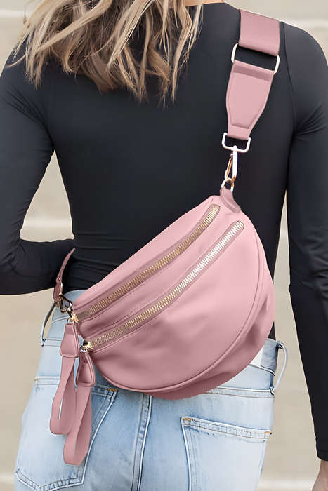 Pink Double Zip Crescent Shape Adjustable Sling Bag