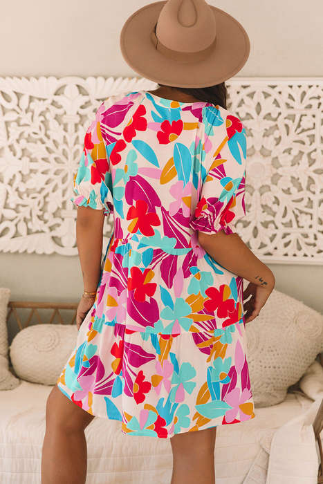 Rose Red Floral Bubble Sleeve V Neck Tiered Ruffle Babydoll Dress