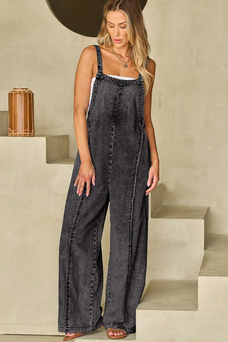 Dark Grey Light Wash Frayed Exposed Seam Wide Leg Denim Overall