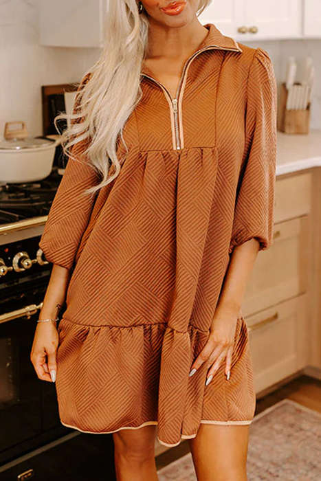 Desert Gold  Quarter Zip Collar Bracelet Sleeve Textured Mini Dress