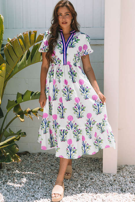 White Floral Puff Short Sleeve V Neck High Waist Maxi Dress