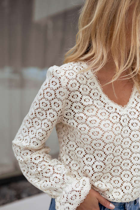 Beige Flower Lace V Neck Ruffled Sleeve Top