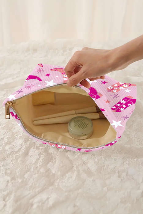 Pink Western Cowboy Boots Star Print Large Makeup Bag
