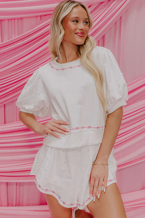 White Contrast Bow Trim Pearl Puff Sleeve Blouse and Skort 2pcs Set