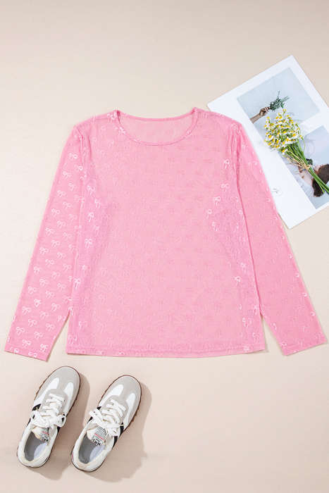 Pink Plus Size Bow Embroidered Mesh Long Sleeve Top