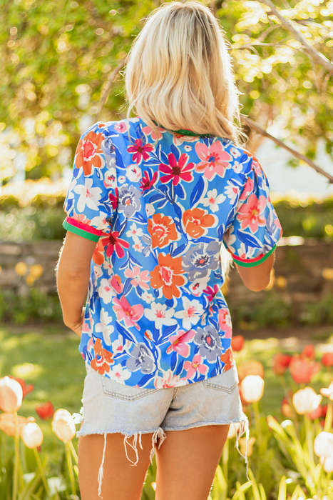 Sky Blue Floral Colorblock Edge Puff Sleeve Split Neck Blouse