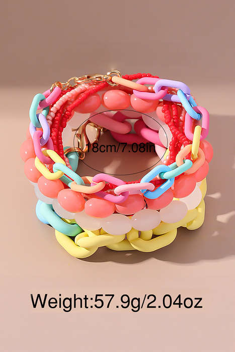 Pink Colorful Beaded Chain Link Layered Bracelet Set