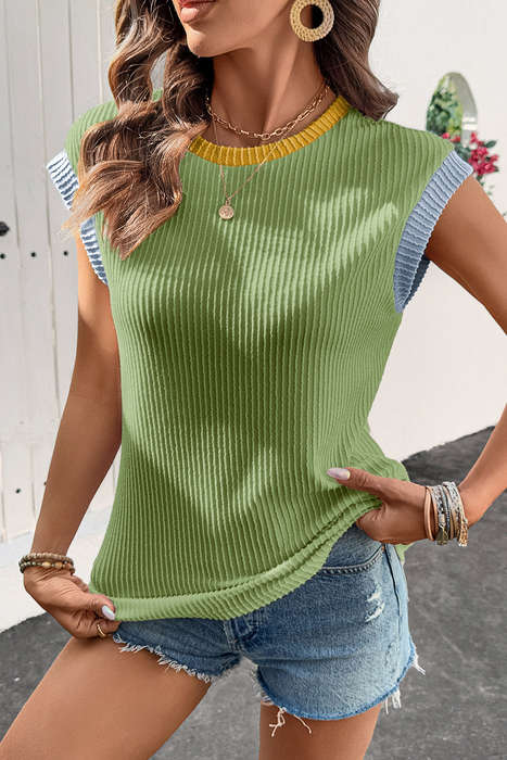 Grass Green Color Block Corded Knit Crew Neck Tee