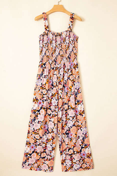 Black Floral Print Smocked High Waist Square Neck Jumpsuit