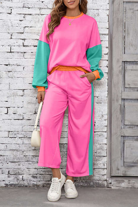 Rose Red 2pcs Color Block Pullover Loose Pant Set