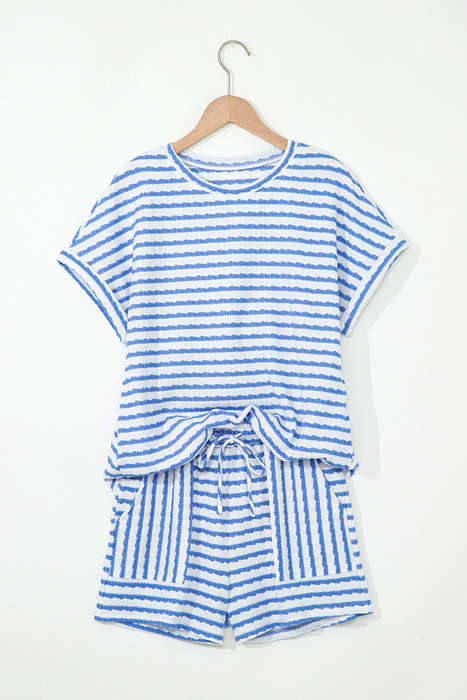 Sky Blue Stripe Knitted Short Sleeve Top and Drawstring Shorts Set