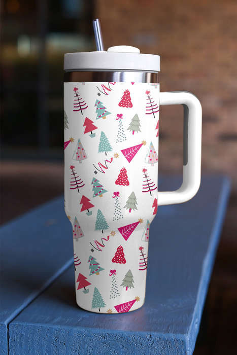 White Cartoon Christmas Tree Printed Thermos Cup 40oz