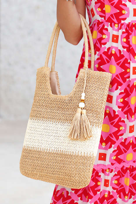 Chestnut Color Block Straw Woven Tassel Decor Tote Bag