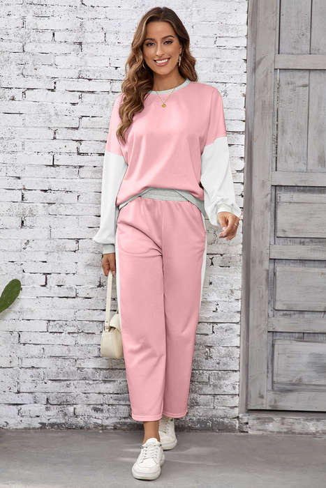 Light Pink 2pcs Color Block Pullover Loose Pant Set