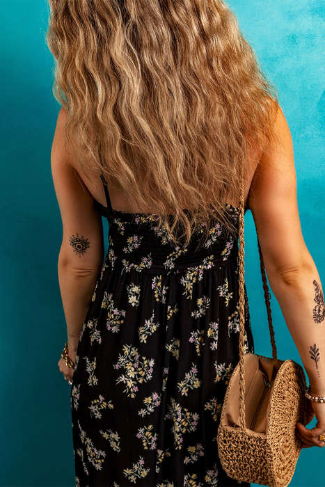 Black Floral Spaghetti Strap Shirred Bodice Tied Empire Waist Maxi Dress