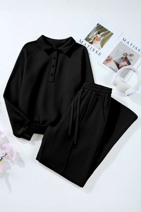 Black Solid Collared Sweatshirt and High Waist Pants Active Set