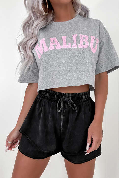 Black Mineral Wash French Terry Drawstring Elastic Waistband Casual Shorts