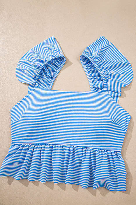 Sky Blue Striped Ruffled Shoulder Peplum Top 2 Piece Tankinis