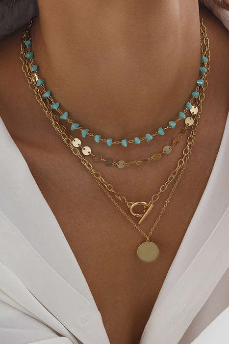 Gold Plated Toggle Disc Detail Turquoise Heart Beads 4pcs Necklace Set