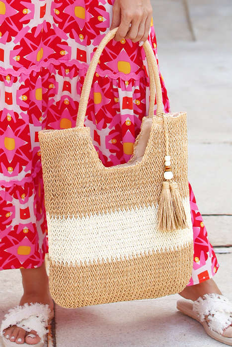 Chestnut Color Block Straw Woven Tassel Decor Tote Bag