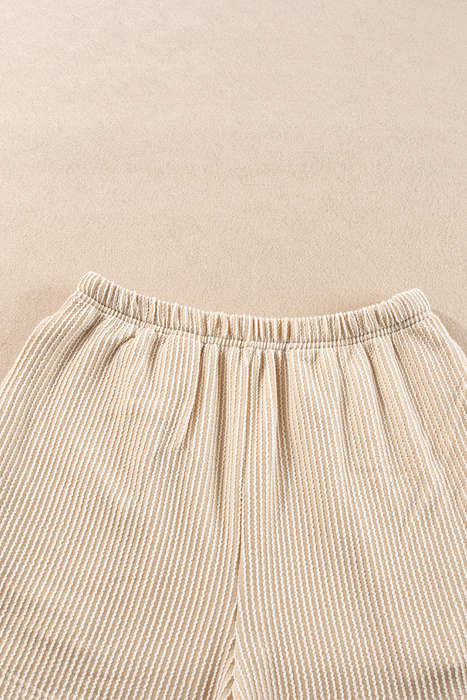 Parchment Corded Knit Long Sleeve Top and High Waist Shorts Set