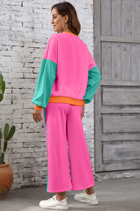 Rose Red 2pcs Color Block Pullover Loose Pant Set