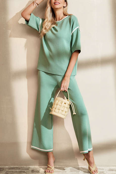Canton Contrast Trim Half Sleeve Top Drawstring Pants Loose 2pcs Sweater Suit