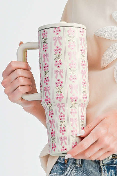 White Sweet Bow Flower Print Straw Insert Tumbler Cup 40oz